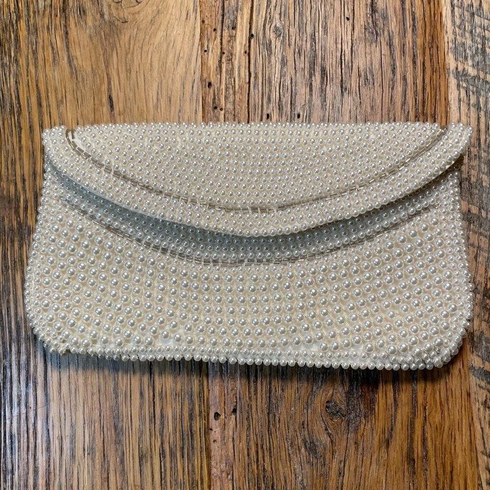 Vintage 50's 60's White Beaded Clutch Evening Bag Pearl Embellished‎ Handbag Y2K